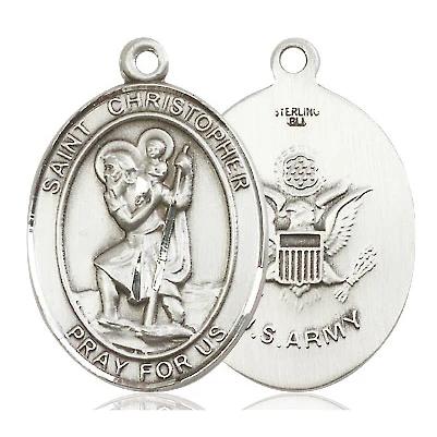 St. Christopher Army Medal Necklace - Sterling Silver - 1 Inch Tall x 3/4 Inch Wide with 24" Chain