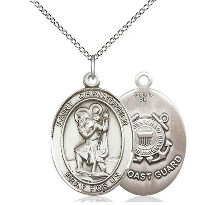 St. Christopher Coast Guard Medal Necklace - Sterling Silver - 1 Inch Tall x 3/4 Inch Wide with 18" Chain