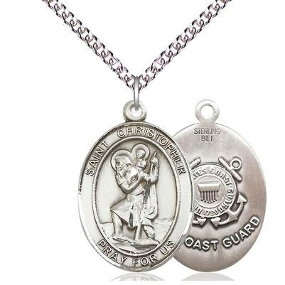 St. Christopher Coast Guard Medal Necklace - Sterling Silver - 1 Inch Tall x 3/4 Inch Wide with 24" Chain