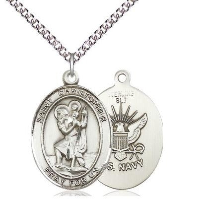 St. Christopher Navy Medal Necklace - Sterling Silver - 1 Inch Tall x 3/4 Inch Wide with 24" Chain