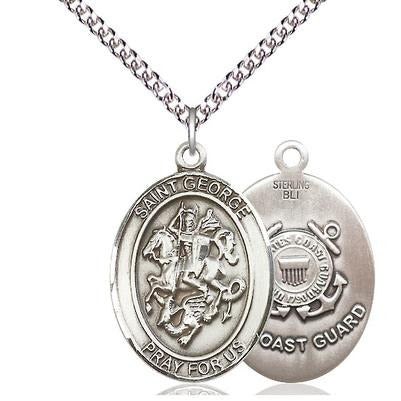 St. George Coast Guard Medal Necklace - Sterling Silver - 1 Inch Tall x 3/4 Inch Wide with 24" Chain