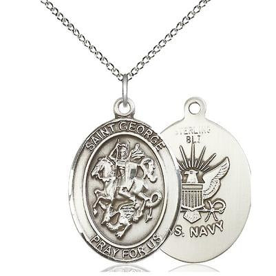 St. George Navy Medal Necklace - Sterling Silver - 1 Inch Tall x 3/4 Inch Wide with 18" Chain