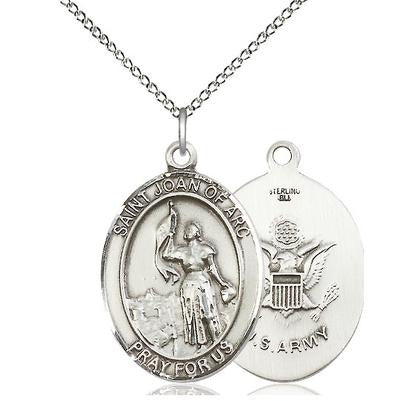St. Joan of Arc Army Medal Necklace - Sterling Silver - 1 Inch Tall x 3/4 Inch Wide with 18" Chain