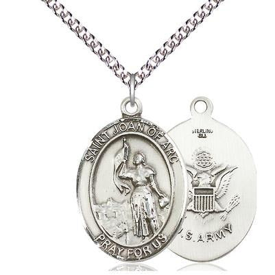 St. Joan of Arc Army Medal Necklace - Sterling Silver - 1 Inch Tall x 3/4 Inch Wide with 24" Chain