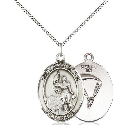St. Joan of Arc Paratrooper Medal Necklace - Sterling Silver - 1 Inch Tall x 3/4 Inch Wide with 18" Chain
