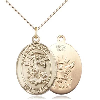St. Michael Navy Medal Necklace - 14K Gold Filled - 1 Inch Tall x 3/4 Inch Wide with 18" Chain