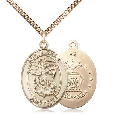 St. Michael Air Force Medal Necklace - 14K Gold - 1 Inch Tall x 3/4 Inch Wide with 24" Chain