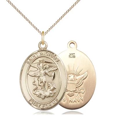 St. Michael Navy Medal Necklace - 14K Gold - 1 Inch Tall x 3/4 Inch Wide with 18" Chain