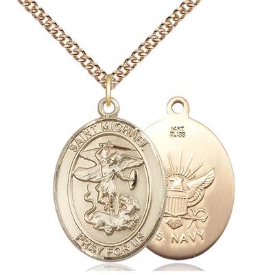 St. Michael Navy Medal Necklace - 14K Gold - 1 Inch Tall x 3/4 Inch Wide with 24" Chain