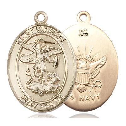 St. Michael Navy Medal Necklace - 14K Gold - 1 Inch Tall x 3/4 Inch Wide with 24" Chain