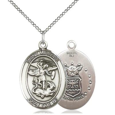 St. Michael Air Force Medal Necklace - Sterling Silver - 1 Inch Tall x 3/4 Inch Wide with 18" Chain