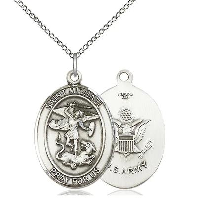 St. Michael Army Medal Necklace - Sterling Silver - 1 Inch Tall x 3/4 Inch Wide with 18" Chain