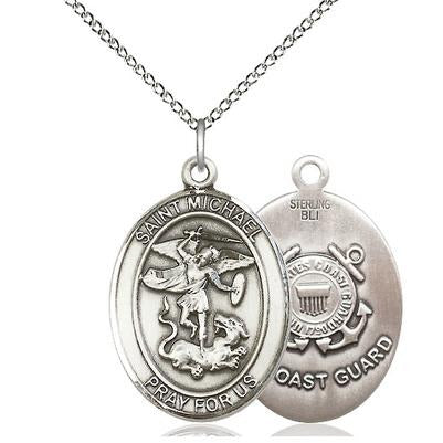 St. Michael Coast Guard Medal Necklace - Sterling Silver - 1 Inch Tall x 3/4 Inch Wide with 18" Chain