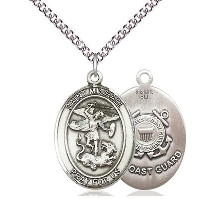 St. Michael Coast Guard Medal Necklace - Sterling Silver - 1 Inch Tall x 3/4 Inch Wide with 24" Chain
