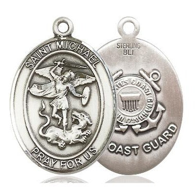 St. Michael Coast Guard Medal Necklace - Sterling Silver - 1 Inch Tall x 3/4 Inch Wide with 24" Chain