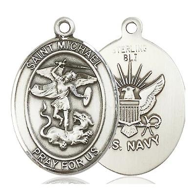 St. Michael Navy Medal Necklace - Sterling Silver - 1 Inch Tall x 3/4 Inch Wide with 24" Chain