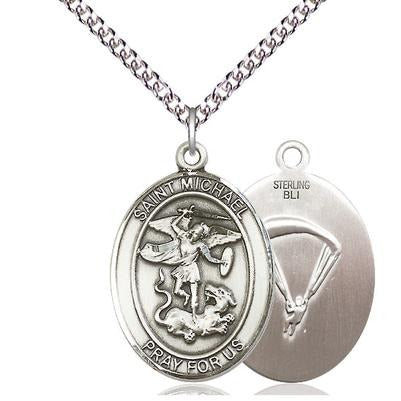 St. Michael Paratrooper Medal Necklace - Sterling Silver - 1 Inch Tall x 3/4 Inch Wide with 24" Chain