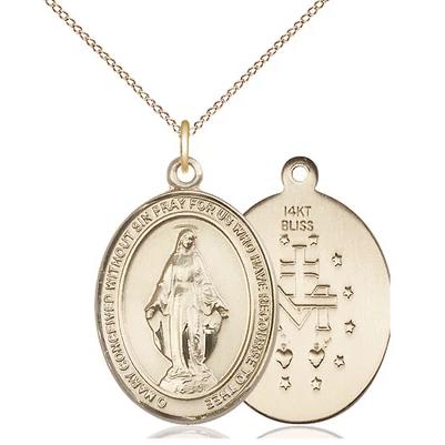 Miraculous Medal Necklace - 14K Gold - 1 Inch Tall by 3/4 Inch Wide with 18" Chain