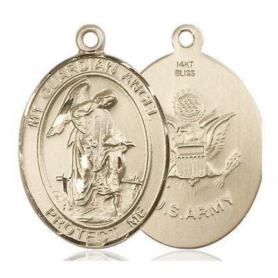 Guardian Angel Army Medal Necklace - 14K Gold - 1 Inch Tall x 3/4 Inch Wide with 24" Chain