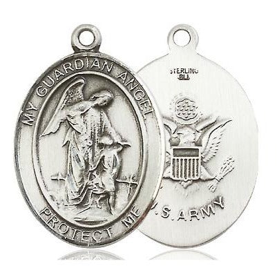 Guardian Angel Army Medal Necklace - Sterling Silver - 1 Inch Tall x 3/4 Inch Wide with 24" Chain