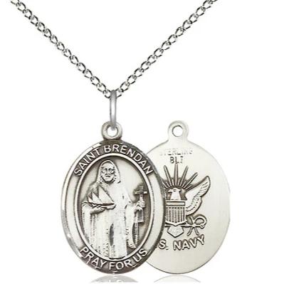 St. Brendan Navy Medal Necklace - Sterling Silver - 3/4 Inch Tall x 1/2 Inch Wide with 18" Chain