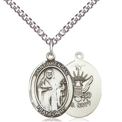 St. Brendan Navy Medal Necklace - Sterling Silver - 3/4 Inch Tall x 1/2 Inch Wide with 24" Chain