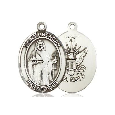 St. Brendan Navy Medal Necklace - Sterling Silver - 3/4 Inch Tall x 1/2 Inch Wide with 24" Chain