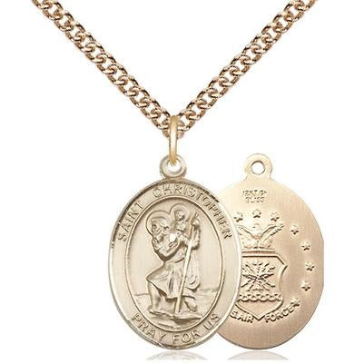 St. Christopher Air Force Medal Necklace - 14K Gold Filled - 3/4 Inch Tall x 1/2 Inch Wide with 24" Chain