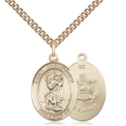 St. Christopher Army Medal Necklace - 14K Gold Filled - 3/4 Inch Tall x 1/2 Inch Wide with 24" Chain