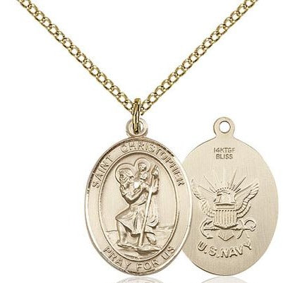 St. Christopher Navy Medal Necklace - 14K Gold Filled - 3/4 Inch Tall x 1/2 Inch Wide with 18" Chain