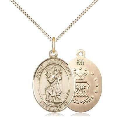 St. Christopher Air Force Medal Necklace - 14K Gold - 3/4 Inch Tall x 1/2 Inch Wide with 18" Chain