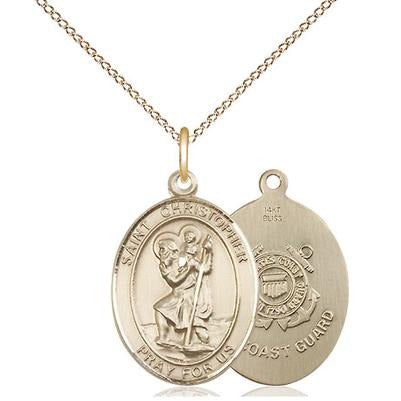 St. Christopher Coast Guard Medal Necklace - 14K Gold - 3/4 Inch Tall x 1/2 Inch Wide with 18" Chain