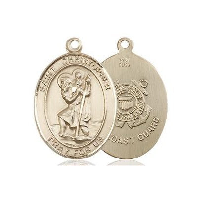 St. Christopher Coast Guard Medal Necklace - 14K Gold - 3/4 Inch Tall x 1/2 Inch Wide with 24" Chain