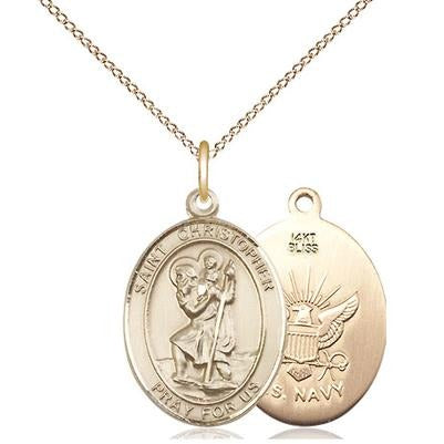 St. Christopher Navy Medal Necklace - 14K Gold - 3/4 Inch Tall x 1/2 Inch Wide with 18" Chain