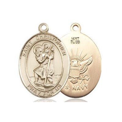 St. Christopher Navy Medal Necklace - 14K Gold - 3/4 Inch Tall x 1/2 Inch Wide with 24" Chain