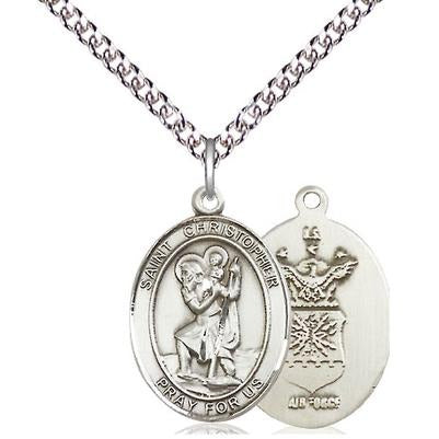 St. Christopher Air Force Medal Necklace - Sterling Silver - 3/4 Inch Tall x 1/2 Inch Wide with 24" Chain