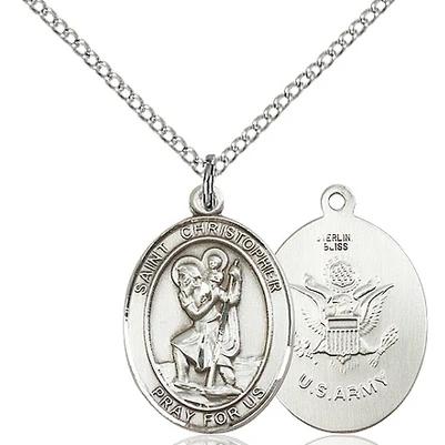St. Christopher Army Medal Necklace - Sterling Silver - 3/4 Inch Tall x 1/2 Inch Wide with 18" Chain