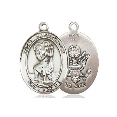 St. Christopher Army Medal Necklace - Sterling Silver - 3/4 Inch Tall x 1/2 Inch Wide with 24" Chain