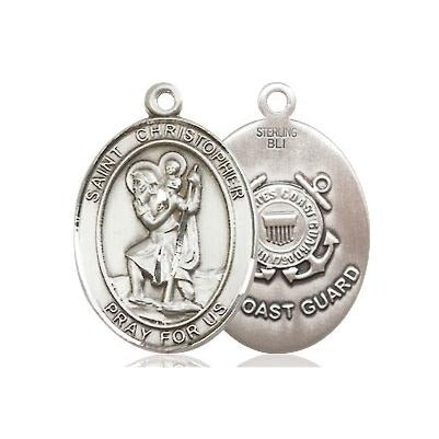 St. Christopher Coast Guard Medal Necklace - Sterling Silver - 3/4 Inch Tall x 1/2 Inch Wide with 24" Chain