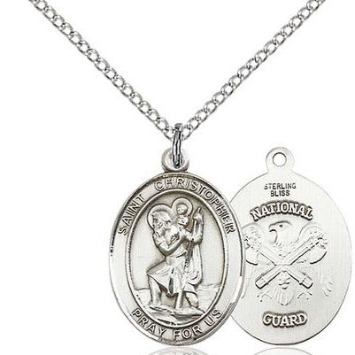 St. Christopher National Guard Medal Necklace - Sterling Silver - 3/4 Inch Tall x 1/2 Inch Wide with 18" Chain