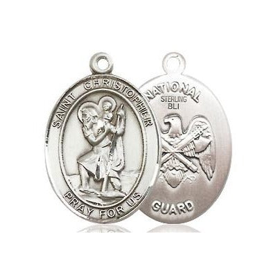St. Christopher National Guard Medal Necklace - Sterling Silver - 3/4 Inch Tall x 1/2 Inch Wide with 24" Chain