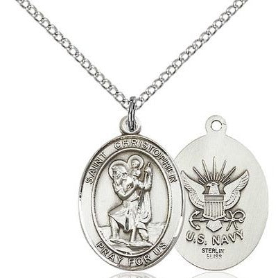 St. Christopher Navy Medal Necklace - Sterling Silver - 3/4 Inch Tall x 1/2 Inch Wide with 18" Chain