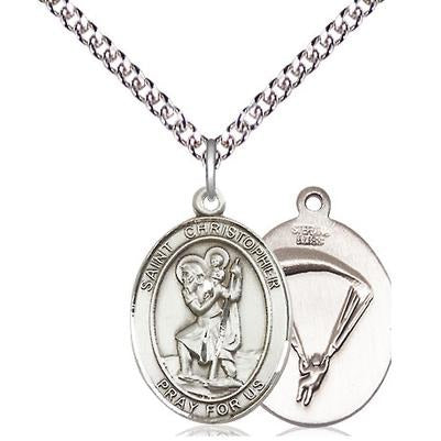 St. Christopher Paratrooper Medal Necklace - Sterling Silver - 3/4 Inch Tall x 1/2 Inch Wide with 24" Chain