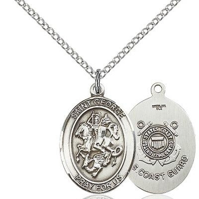 St. George Coast Guard Medal Necklace - Sterling Silver - 3/4 Inch Tall x 1/2 Inch Wide with 18" Chain
