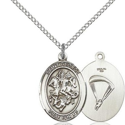 St. George Paratrooper Medal Necklace - Sterling Silver - 3/4 Inch Tall x 1/2 Inch Wide with 18" Chain
