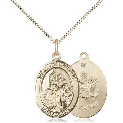 St. Joan of Arc Army Medal Necklace - 14K Gold - 3/4 Inch Tall x 1/2 Inch Wide with 18" Chain