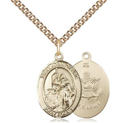 St. Joan of Arc Army Medal Necklace - 14K Gold - 3/4 Inch Tall x 1/2 Inch Wide with 24" Chain