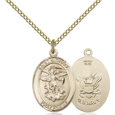 St. Michael Navy Medal Necklace - 14K Gold Filled - 3/4 Inch Tall x 1/2 Inch Wide with 18" Chain