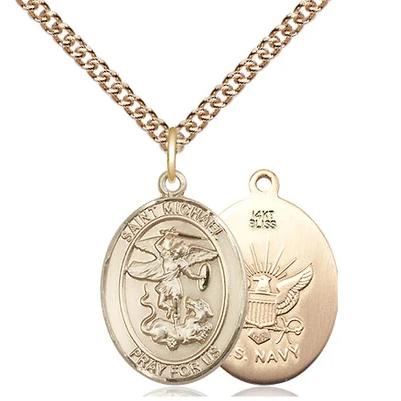 St. Michael Navy Medal Necklace - 14K Gold - 3/4 Inch Tall x 1/2 Inch Wide with 24" Chain