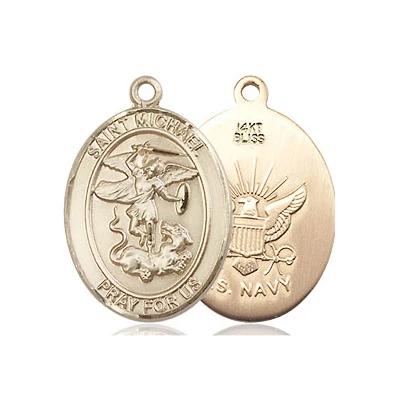 St. Michael Navy Medal Necklace - 14K Gold - 3/4 Inch Tall x 1/2 Inch Wide with 24" Chain